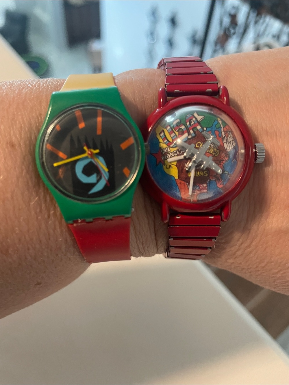 Vintage Swatch Red, Yellow & Green and Quintel Bubble Airplane Watches 2 watches